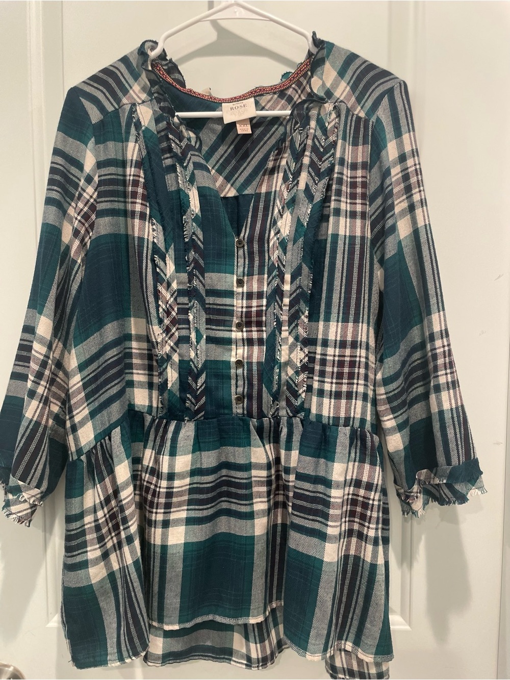 Knox Rose Teal and Cream Plaid Peasant Tunic